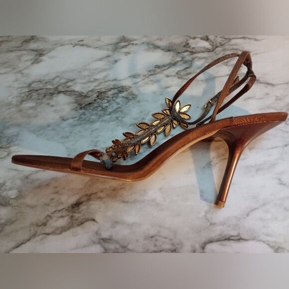 Valerie Stevens Brown Fabric & Rhinestone Stiletto Heels Leather Soles Size 8.5 - Picture 5 of 11